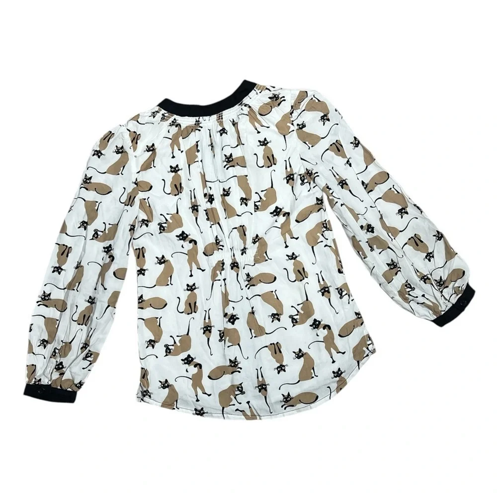 Gymboree Retro Cat Print Button Down Blouse Girls Size 7 NWT White Black Tan